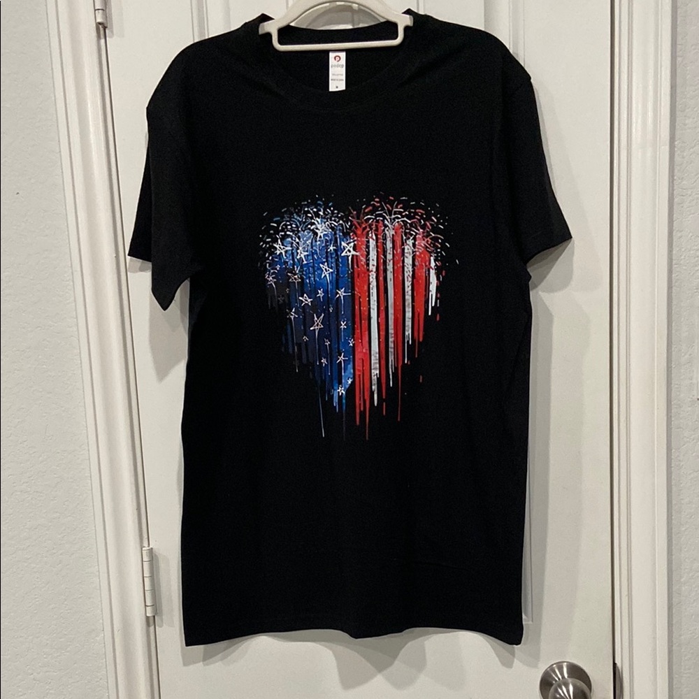 NWOT Black T-Shirt with Heart Design  underarm to underarm 20 inches